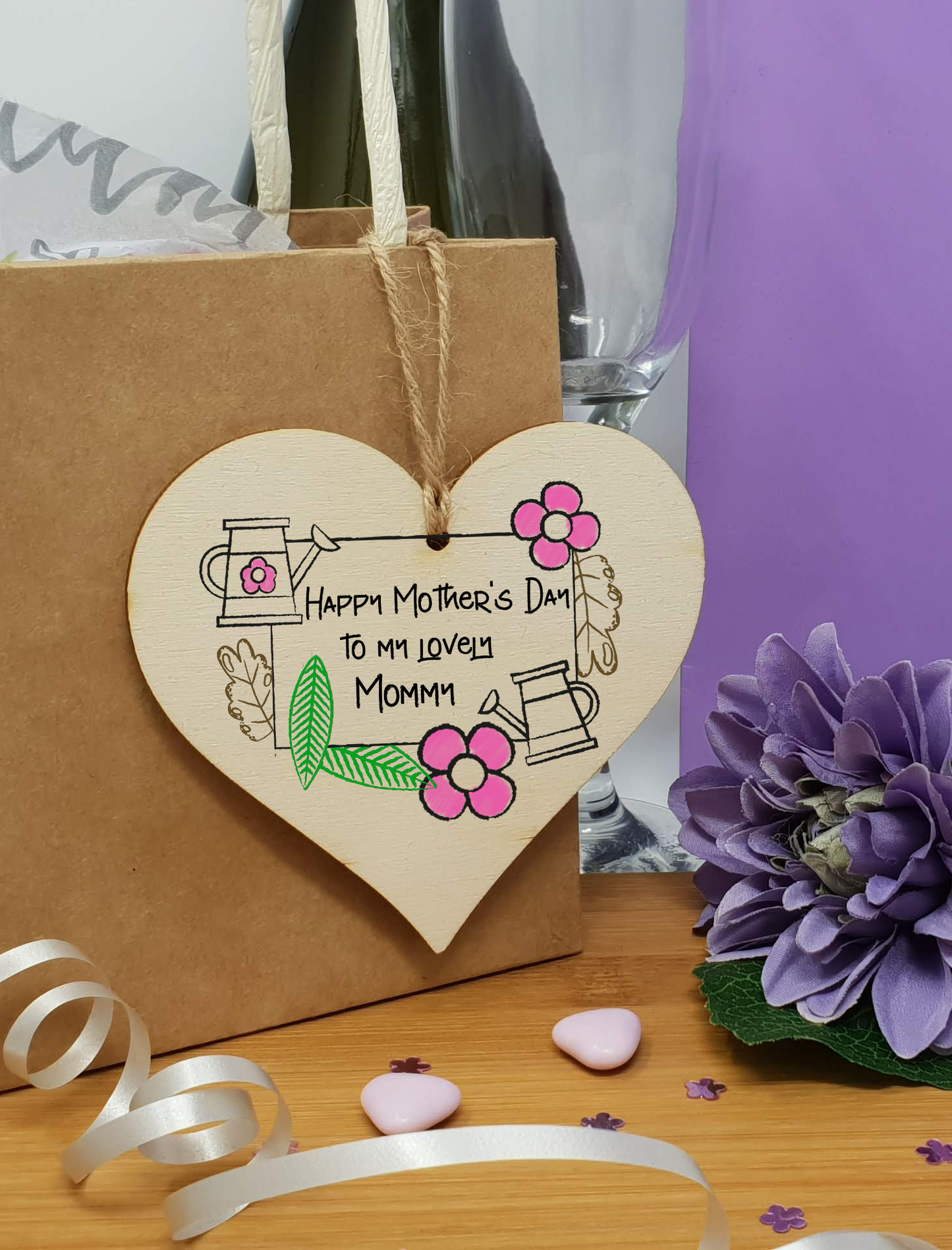 Handmade Wooden Hanging Heart Plaque Mother's Day Gift perfect for lovely Mommys special keepsake card alternative from children gardening flowers wall hanger for special parent