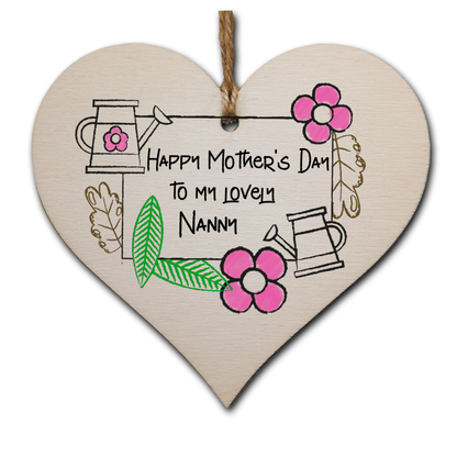 Handmade Wooden Hanging Heart Plaque Mother's Day Gift perfect for lovely Nannys special keepsake card alternative from grandchildren gardening flowers wall hanger for special grandparent