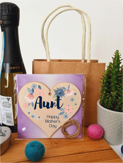 Handmade Wooden Hanging Heart Plaque Mother's Day Gift perfect for Aunt stylish floral celebration card alternative from niece nephew beautiful thoughtful keepsake