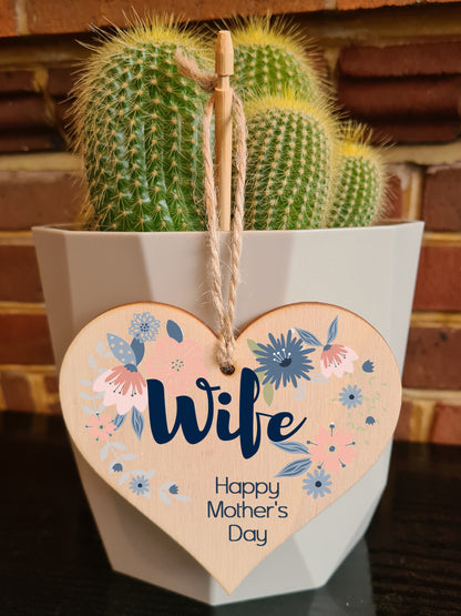 Handmade Wooden Hanging Heart Plaque Mother's Day Gift perfect for Wife stylish floral celebration card alternative from husbands beautiful thoughtful keepsake