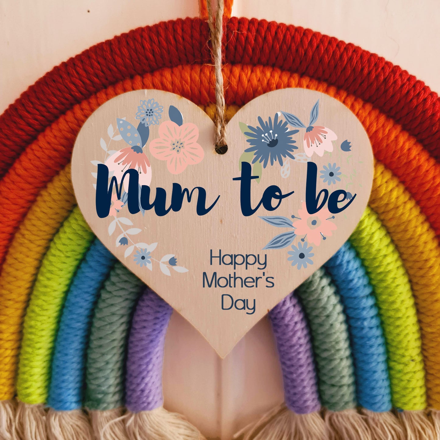 The Plum Penguin Handmade Wooden Hanging Heart Plaque Wish your Mum to be a very happy Mother's Day beautiful thoughtful keepsake wall hanger card alternative stylish floral design