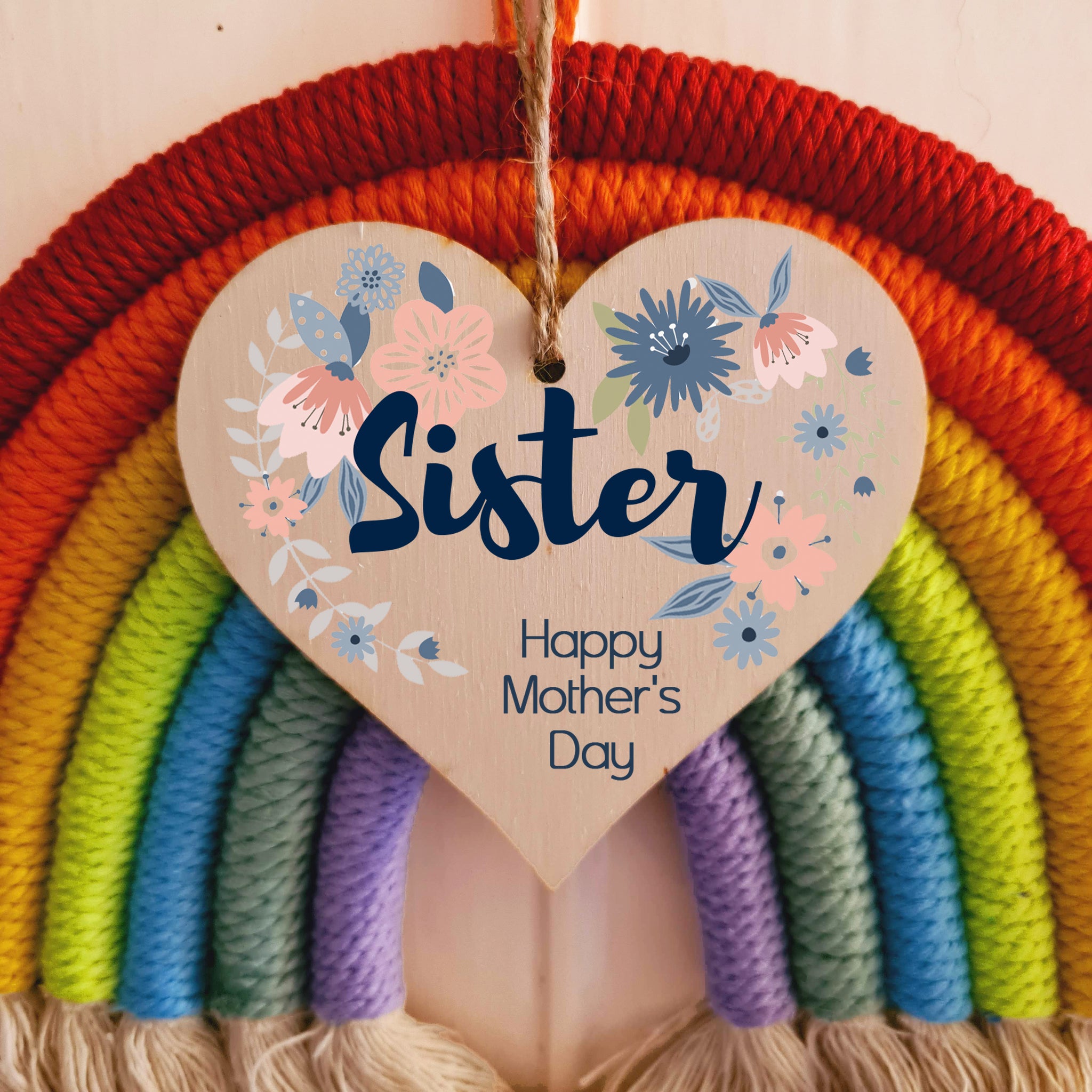 Handmade Wooden Hanging Heart Plaque Mother's Day Gift perfect for Sister stylish floral celebration card alternative from sister beautiful thoughtful keepsake