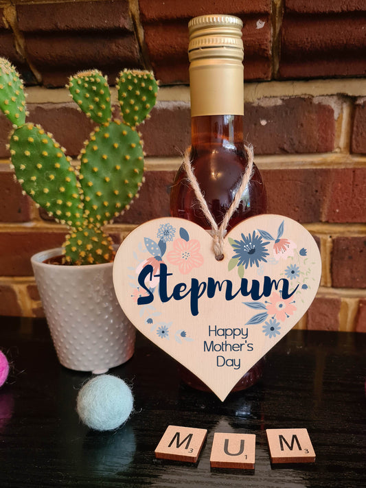 Handmade Wooden Hanging Heart Plaque Mother's Day Gift perfect for Stepmum stylish floral celebration card alternative from step daughter son children beautiful thoughtful keepsake