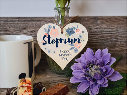 Handmade Wooden Hanging Heart Plaque Mother's Day Gift perfect for Stepmum stylish floral celebration card alternative from step daughter son children beautiful thoughtful keepsake