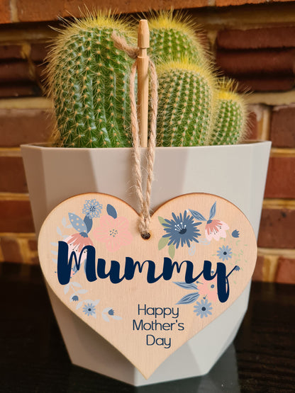 Handmade Wooden Hanging Heart Plaque Mother's Day Gift perfect for Mummy stylish floral celebration card alternative from daughter son children beautiful thoughtful keepsake