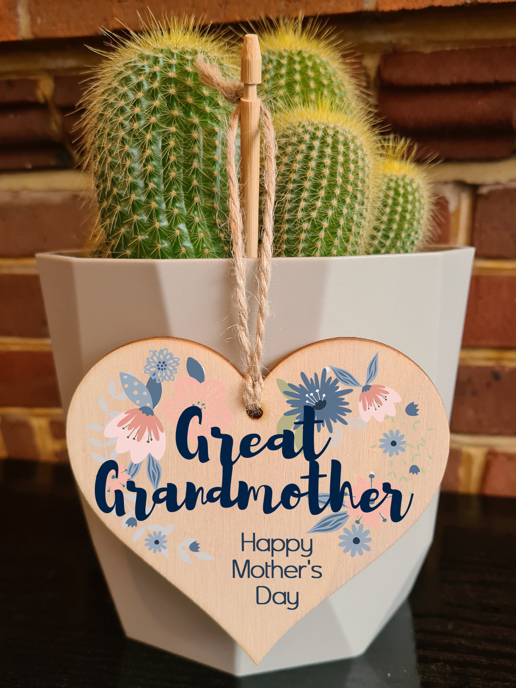 Handmade Wooden Hanging Heart Plaque Mother's Day Gift perfect for Great Grandmother stylish floral celebration card alternative from grandchildren beautiful thoughtful keepsake