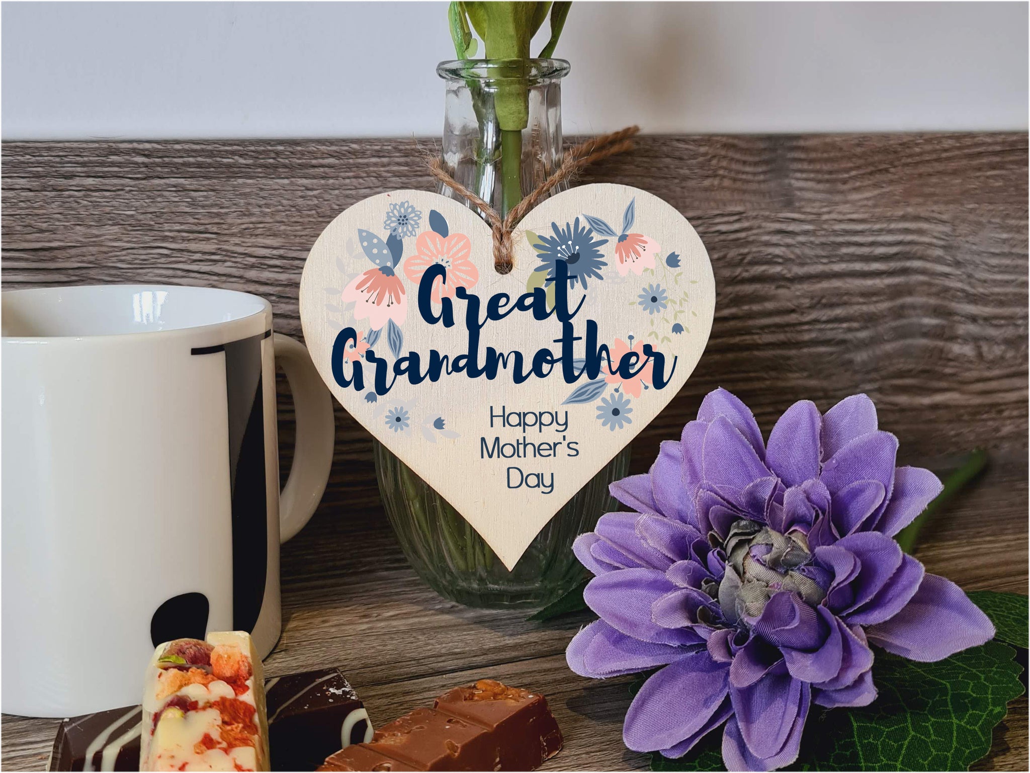 Handmade Wooden Hanging Heart Plaque Mother's Day Gift perfect for Great Grandmother stylish floral celebration card alternative from grandchildren beautiful thoughtful keepsake