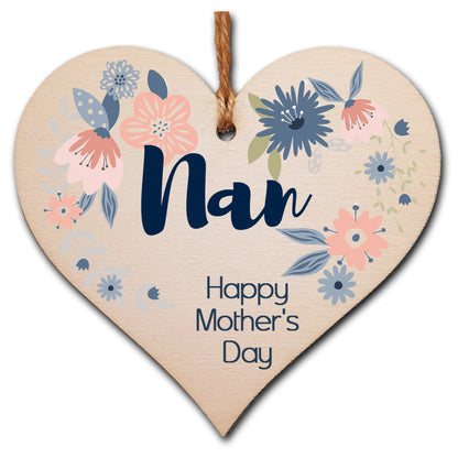 Handmade Wooden Hanging Heart Plaque Mother's Day Gift perfect for Nan stylish floral celebration card alternative from grandchildren beautiful thoughtful keepsake