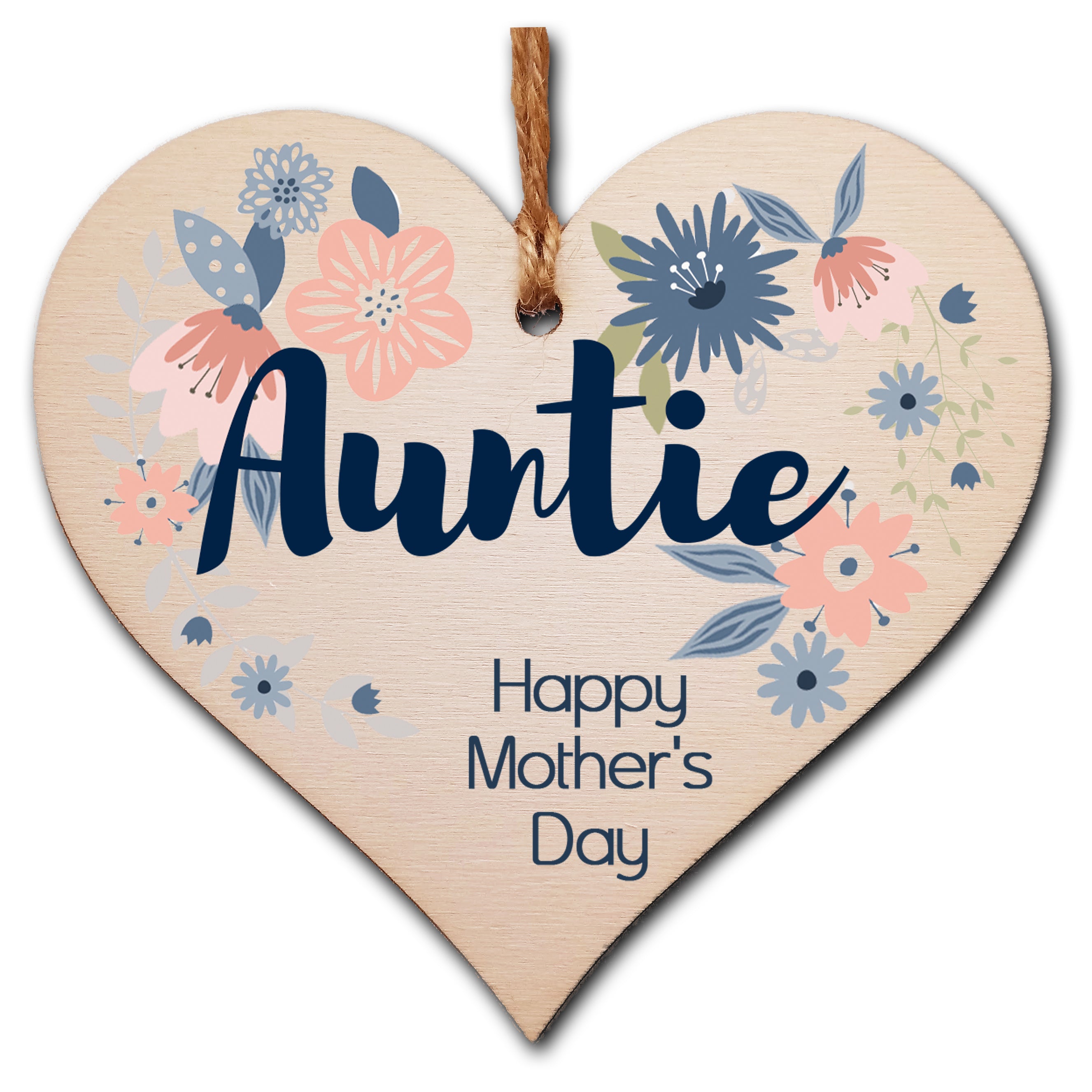 Handmade Wooden Hanging Heart Plaque Mother's Day Gift perfect for Auntie stylish floral celebration card alternative from niece nephew beautiful thoughtful keepsake