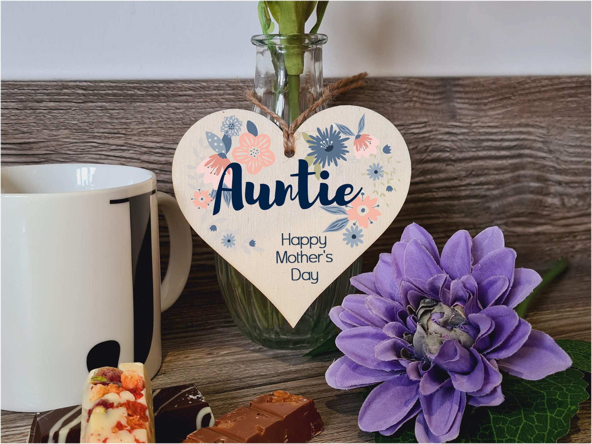 Handmade Wooden Hanging Heart Plaque Mother's Day Gift perfect for Auntie stylish floral celebration card alternative from niece nephew beautiful thoughtful keepsake