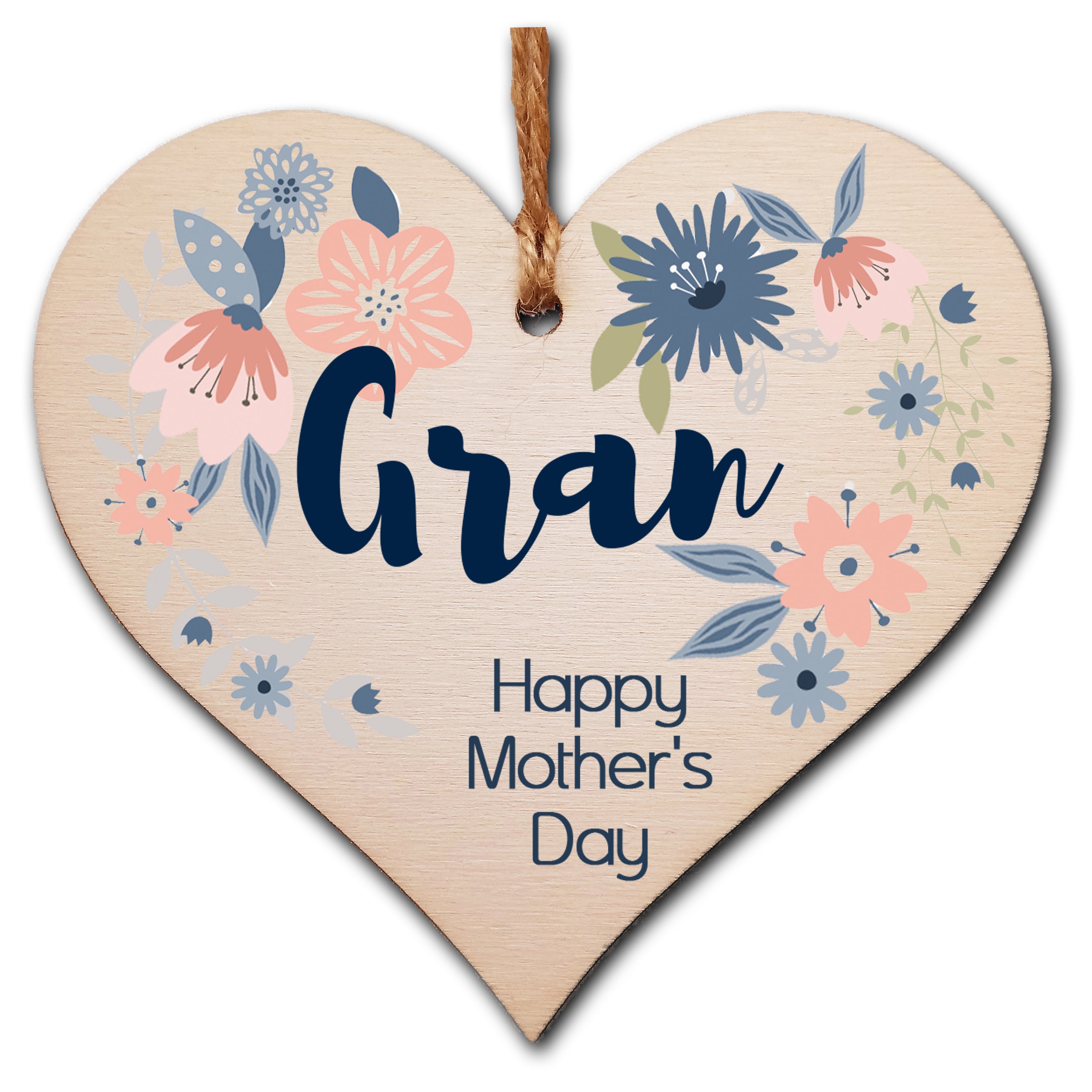 Handmade Wooden Hanging Heart Plaque Mother's Day Gift perfect for Gran stylish floral celebration card alternative from grandchildren beautiful thoughtful keepsake