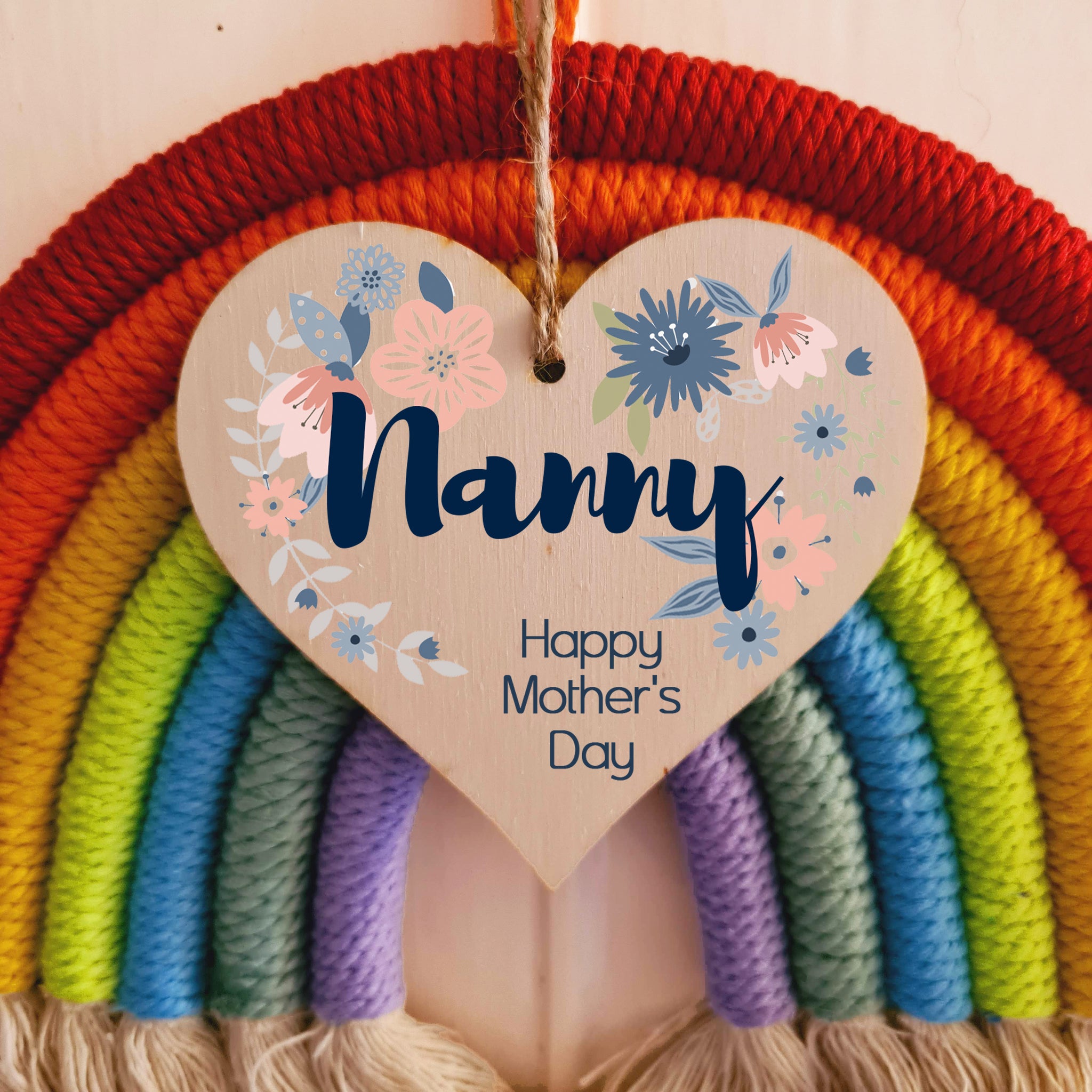 Handmade Wooden Hanging Heart Plaque Mother's Day Gift perfect for Nanny stylish floral celebration card