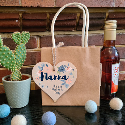 Handmade Wooden Hanging Heart Plaque Mother's Day Gift perfect for Nanna stylish floral celebration card alternative from grandchildren beautiful thoughtful keepsake