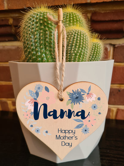 Handmade Wooden Hanging Heart Plaque Mother's Day Gift perfect for Nanna stylish floral celebration card alternative from grandchildren beautiful thoughtful keepsake