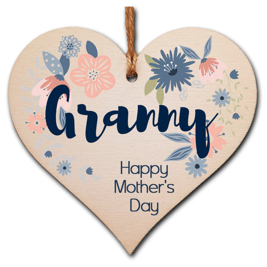 Handmade Wooden Hanging Heart Plaque Mother's Day Gift perfect for Granny stylish floral celebration card