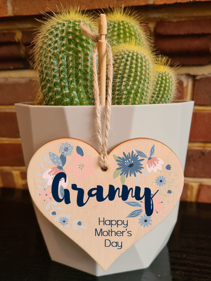 Handmade Wooden Hanging Heart Plaque Mother's Day Gift perfect for Granny stylish floral celebration card