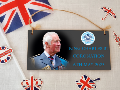 King Charles III Coronation Hanging Wooden Plaque 6th May 2023 Decorations Celebration Party Bunting Alternative Keepsake Royal Memorabilia