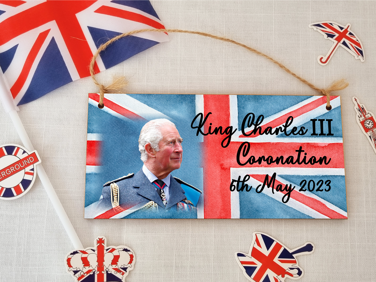 King Charles III Coronation Hanging Wooden Plaque 6th May 2023 Decorations Celebration Party Bunting Alternative Keepsake Royal Memorabilia