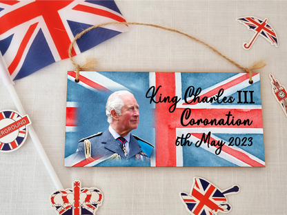 King Charles III Coronation Hanging Wooden Plaque 6th May 2023 Decorations Celebration Party Bunting Alternative Keepsake Royal Memorabilia