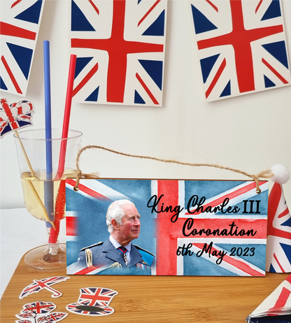 King Charles III Coronation Hanging Wooden Plaque 6th May 2023 Decorations Celebration Party Bunting Alternative Keepsake Royal Memorabilia