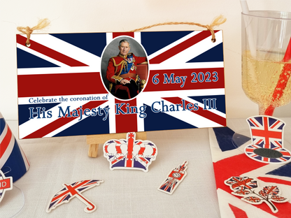 King Charles III Coronation Hanging Wooden Plaque 6th May 2023 Decorations Celebration Party Bunting Alternative Keepsake Royal Memorabilia