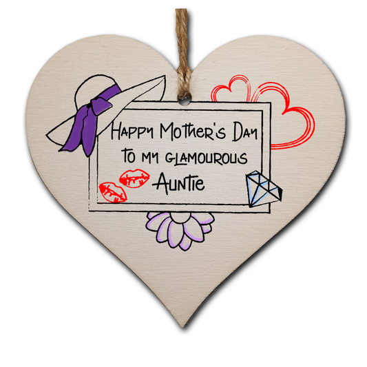 Handmade Wooden Hanging Heart Plaque Mother's Day Gift perfect for glamourous stylish Aunties special keepsake card alternative from niece nephew wall hanger for special auntie
