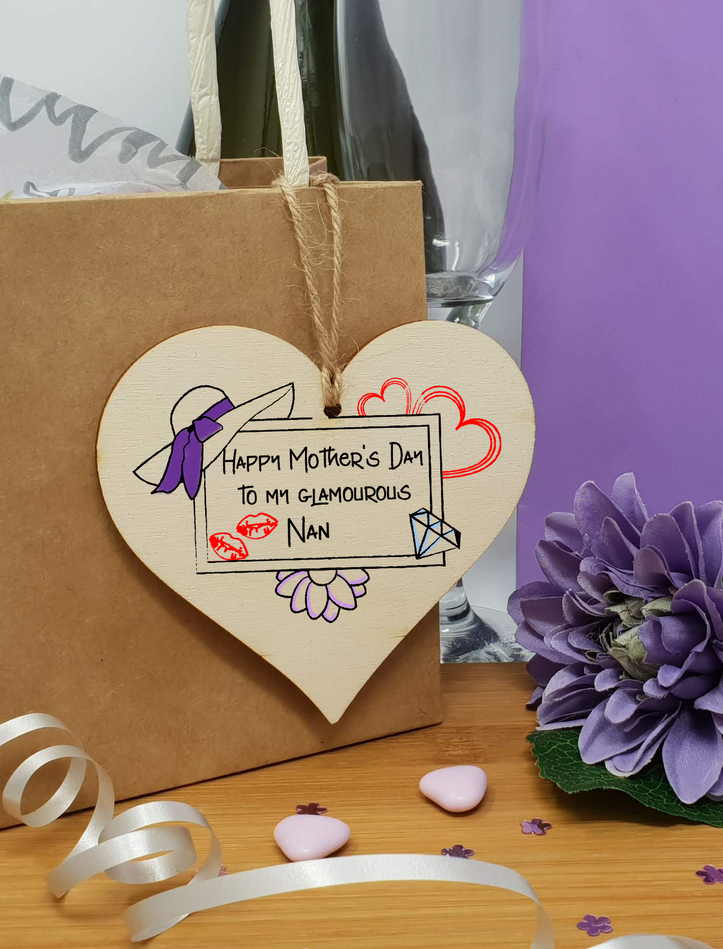Handmade Wooden Hanging Heart Plaque Mother's Day Gift perfect for glamourous stylish Nans special keepsake card alternative from grandchildren wall hanger for special grandparent