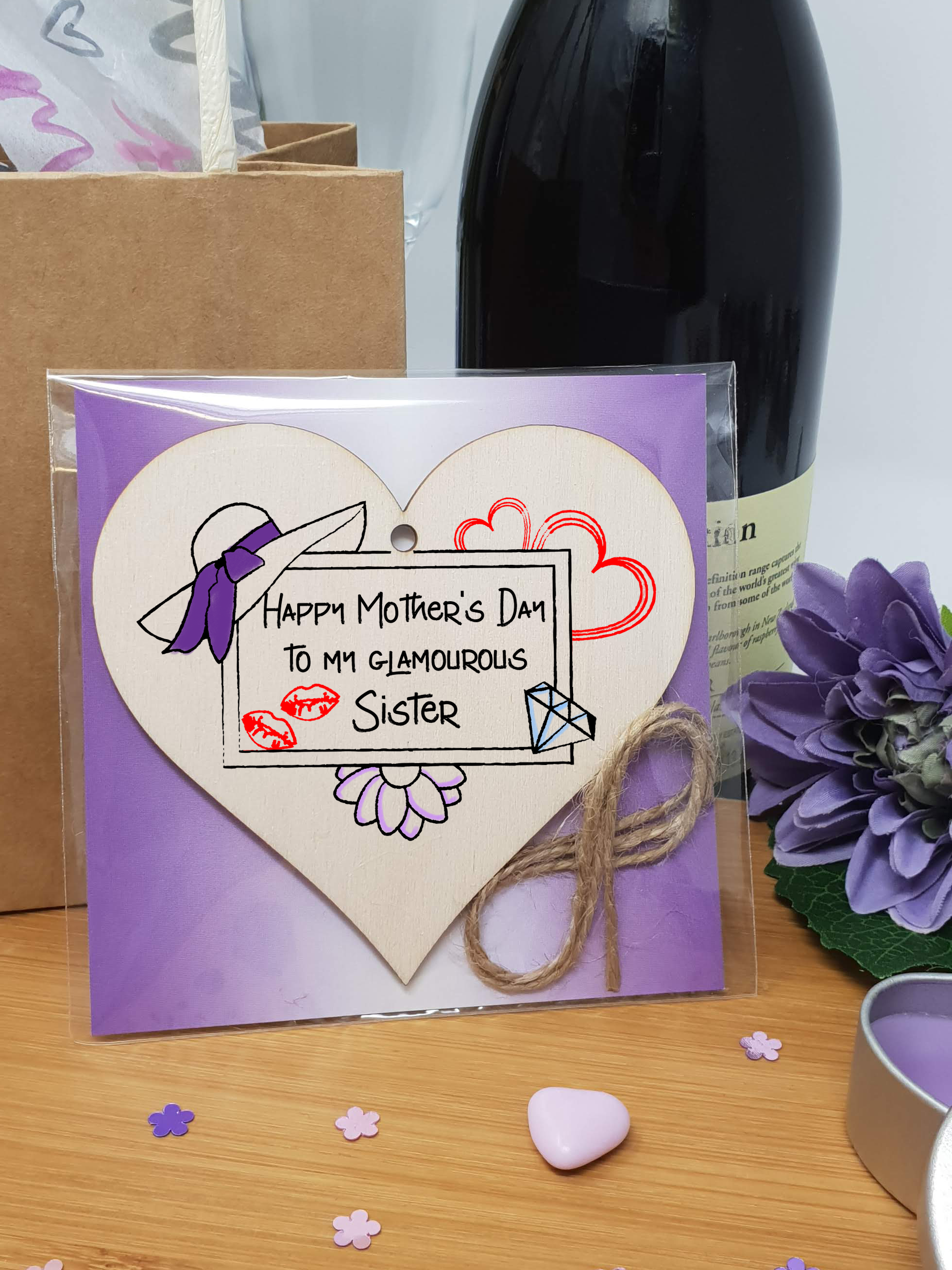 Handmade Wooden Hanging Heart Plaque Mother's Day Gift perfect for glamourous stylish Sisters special keepsake card alternative wall hanger for special sister