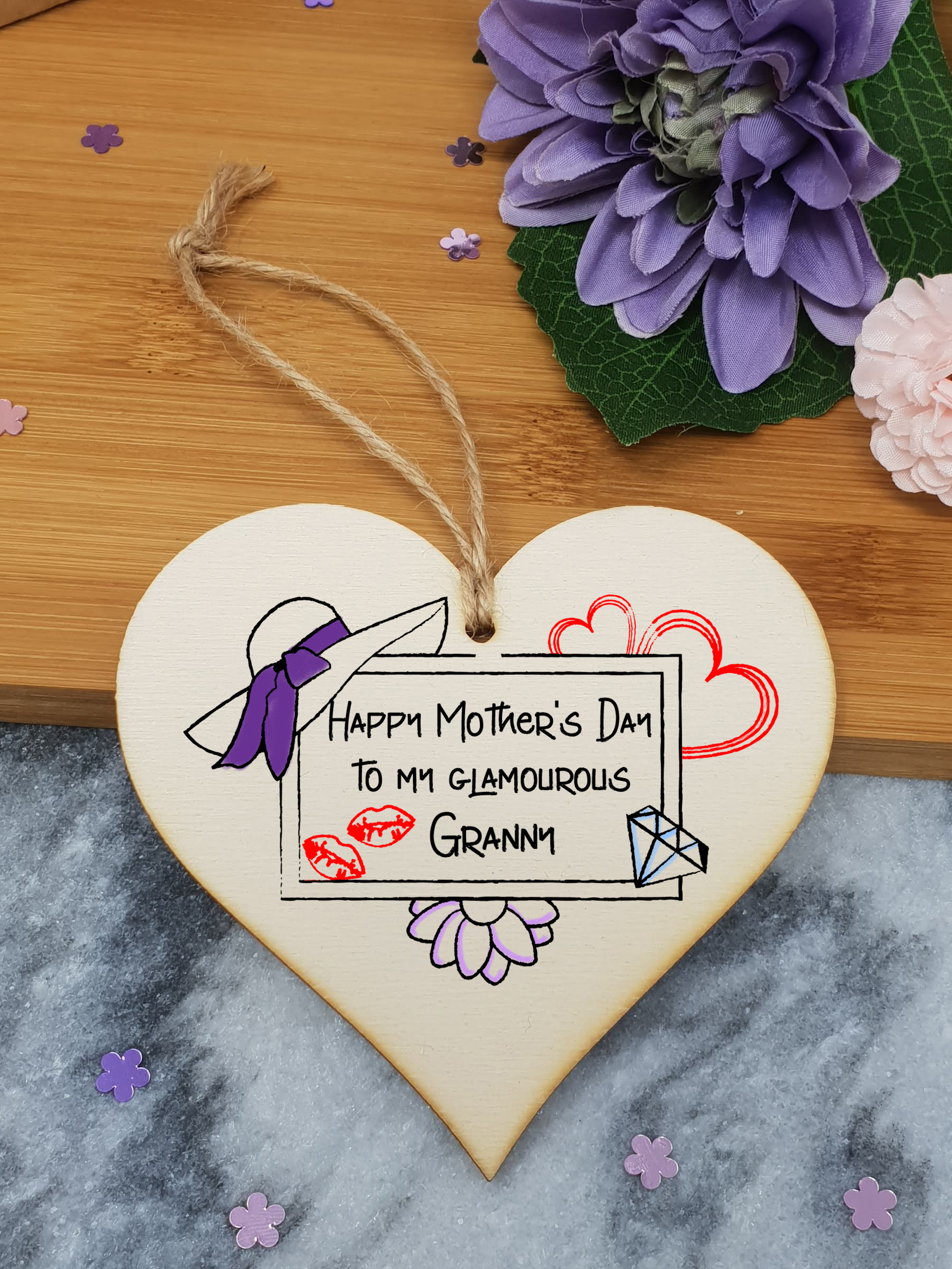 Handmade Wooden Hanging Heart Plaque Mother's Day Gift perfect for glamourous stylish Grannys special keepsake card alternative from grandchildren wall hanger for special grandparent