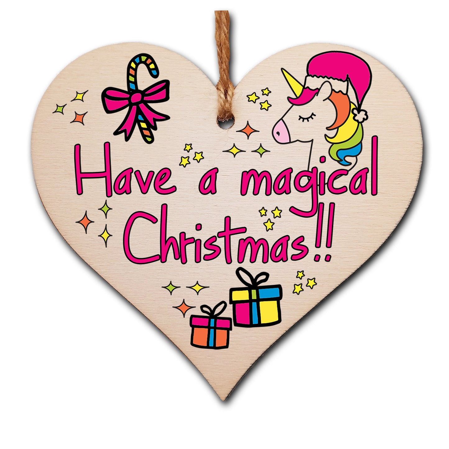 Handmade Christmas Hanging Wooden Heart Plaque Decoration Gift to wish someone special a magical merry xmas novelty unicorn fun festive bauble