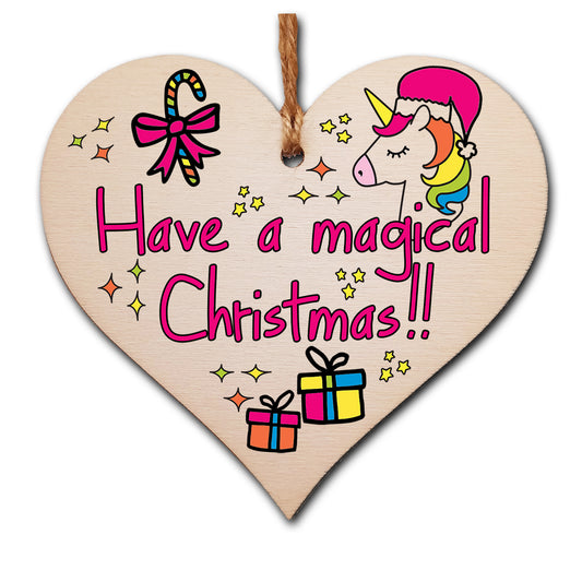 Handmade Christmas Hanging Wooden Heart Plaque Decoration Gift to wish someone special a magical merry xmas novelty unicorn fun festive bauble