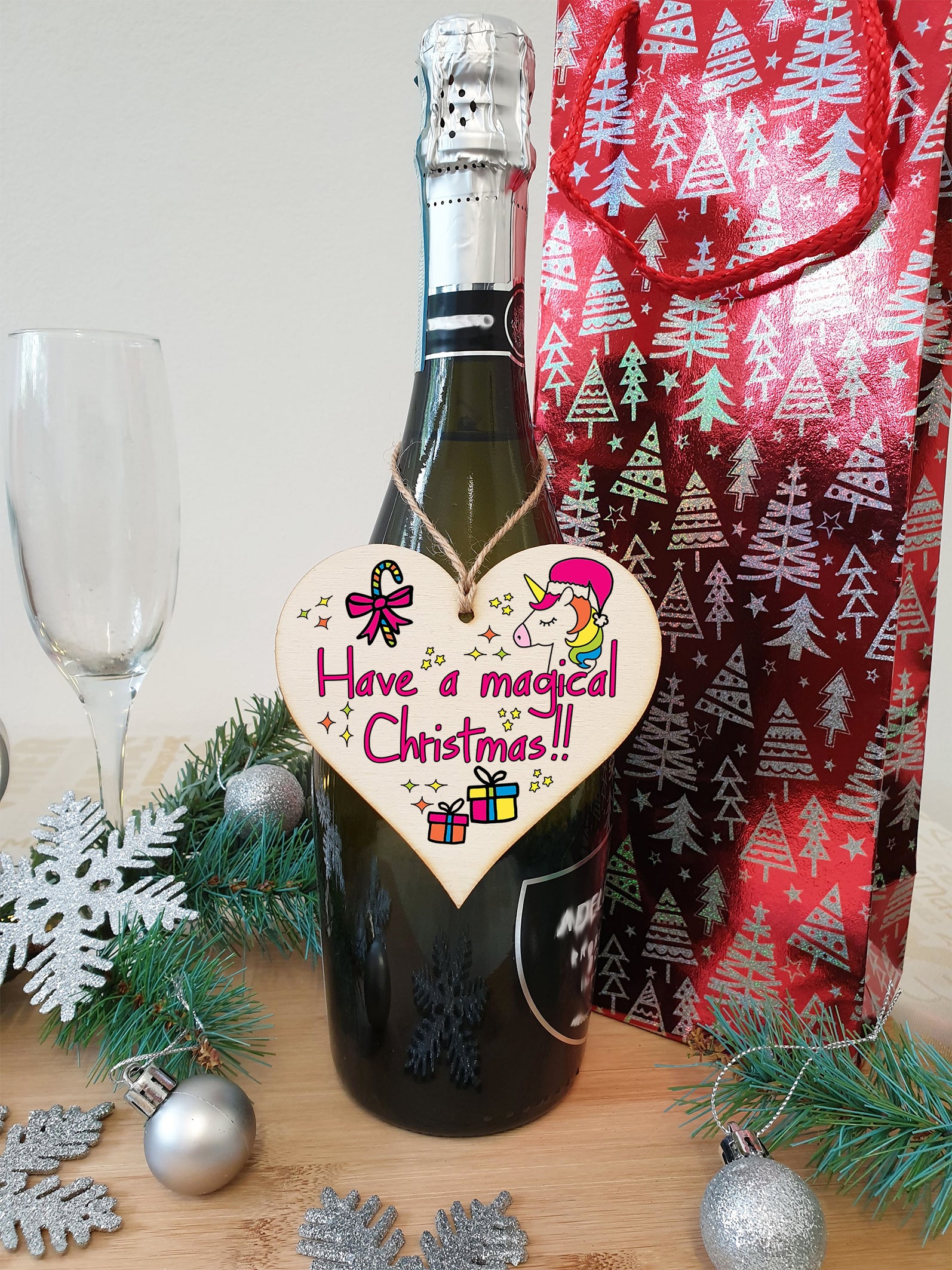 Handmade Christmas Hanging Wooden Heart Plaque Decoration Gift to wish someone special a magical merry xmas novelty unicorn fun festive bauble