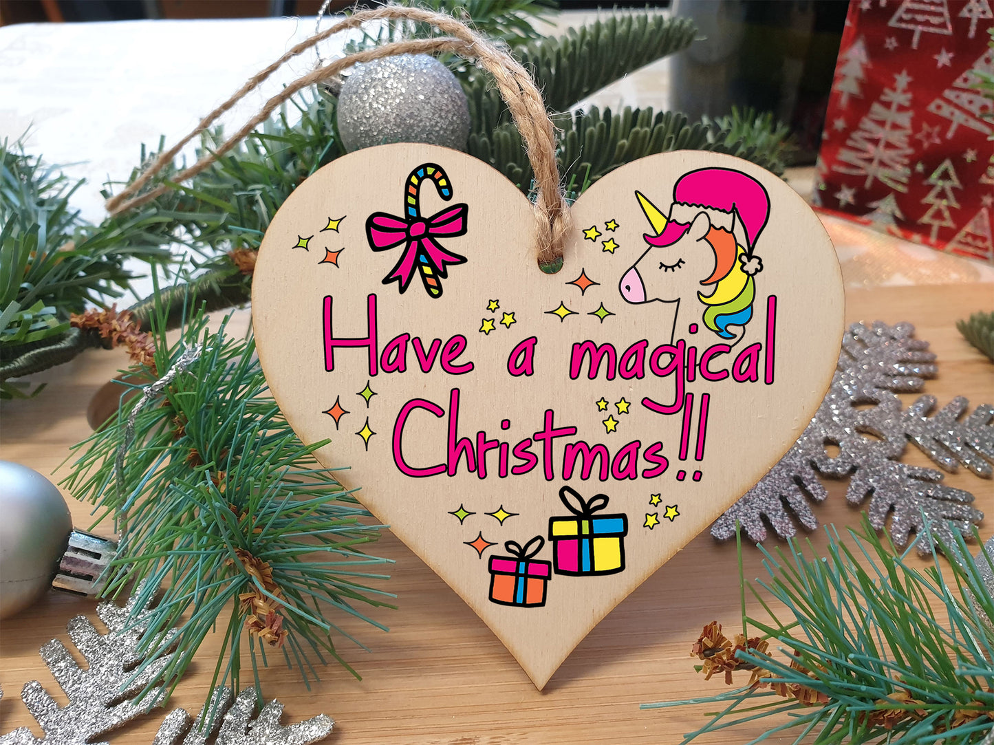 Handmade Christmas Hanging Wooden Heart Plaque Decoration Gift to wish someone special a magical merry xmas novelty unicorn fun festive bauble
