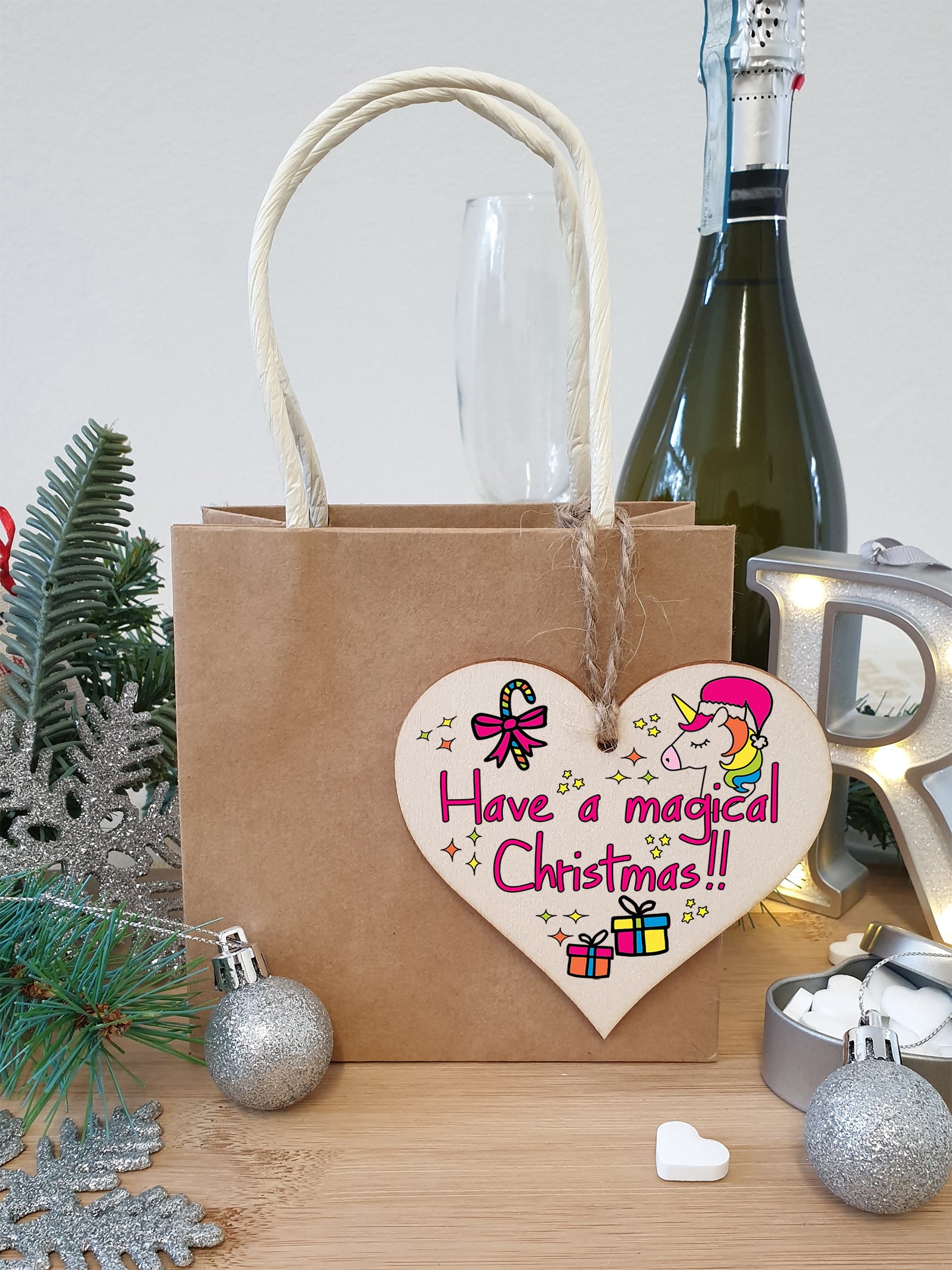 Handmade Christmas Hanging Wooden Heart Plaque Decoration Gift to wish someone special a magical merry xmas novelty unicorn fun festive bauble