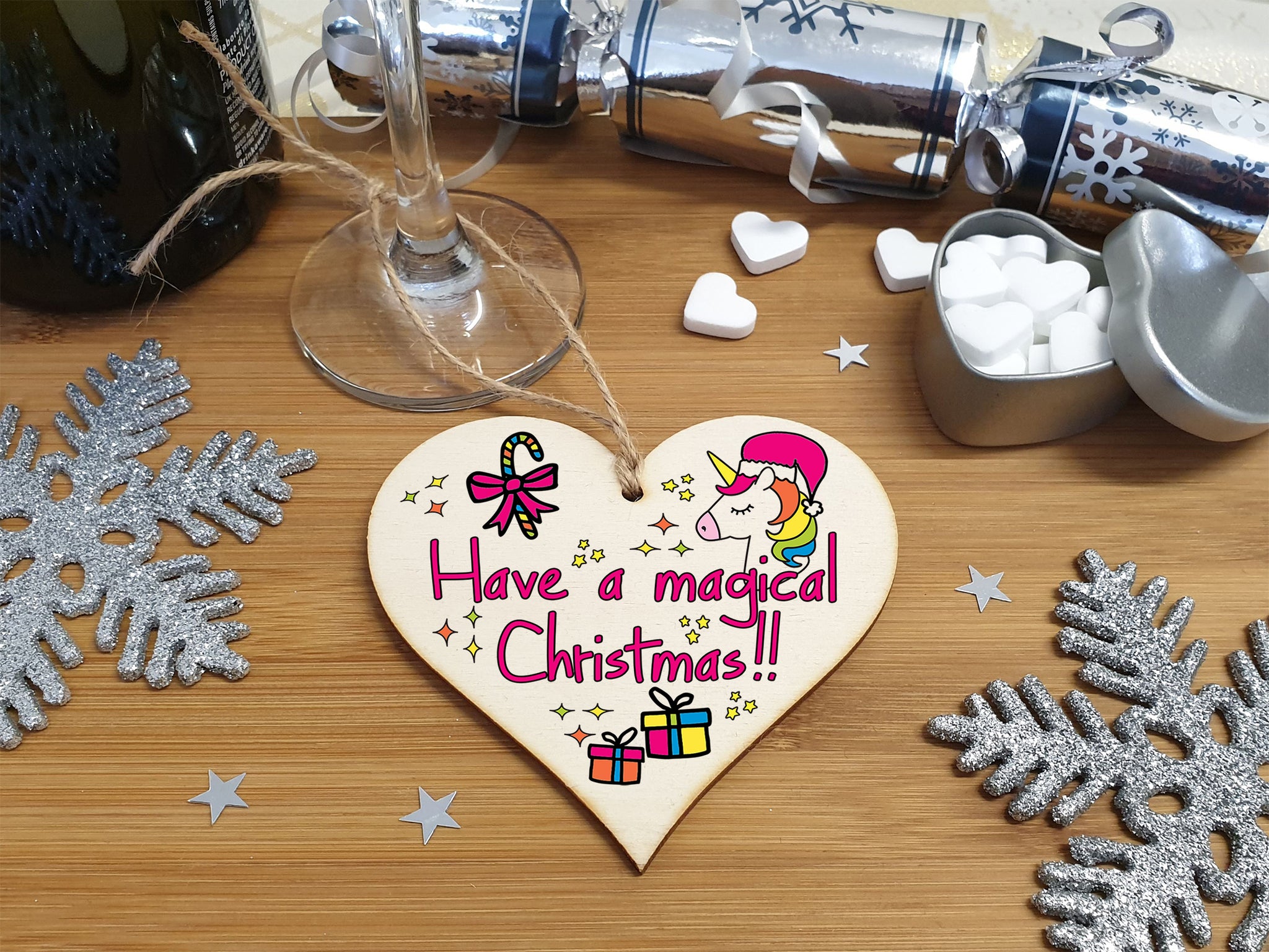 Handmade Christmas Hanging Wooden Heart Plaque Decoration Gift to wish someone special a magical merry xmas novelty unicorn fun festive bauble