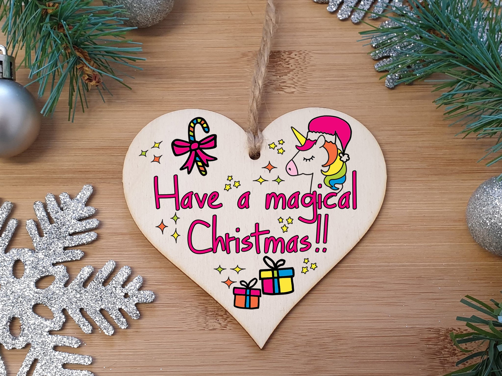 Handmade Christmas Hanging Wooden Heart Plaque Decoration Gift to wish someone special a magical merry xmas novelty unicorn fun festive bauble