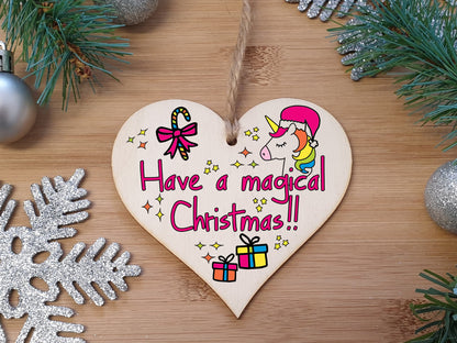 Handmade Christmas Hanging Wooden Heart Plaque Decoration Gift to wish someone special a magical merry xmas novelty unicorn fun festive bauble