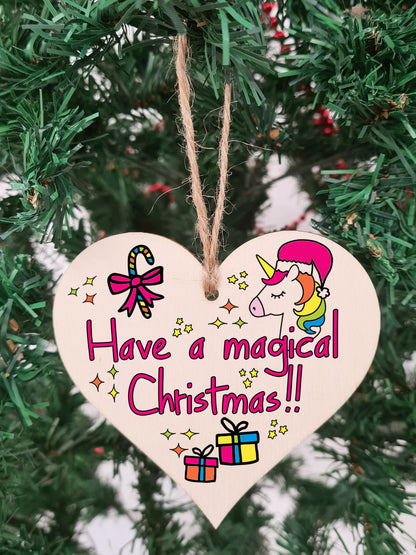 Handmade Christmas Hanging Wooden Heart Plaque Decoration Gift to wish someone special a magical merry xmas novelty unicorn fun festive bauble