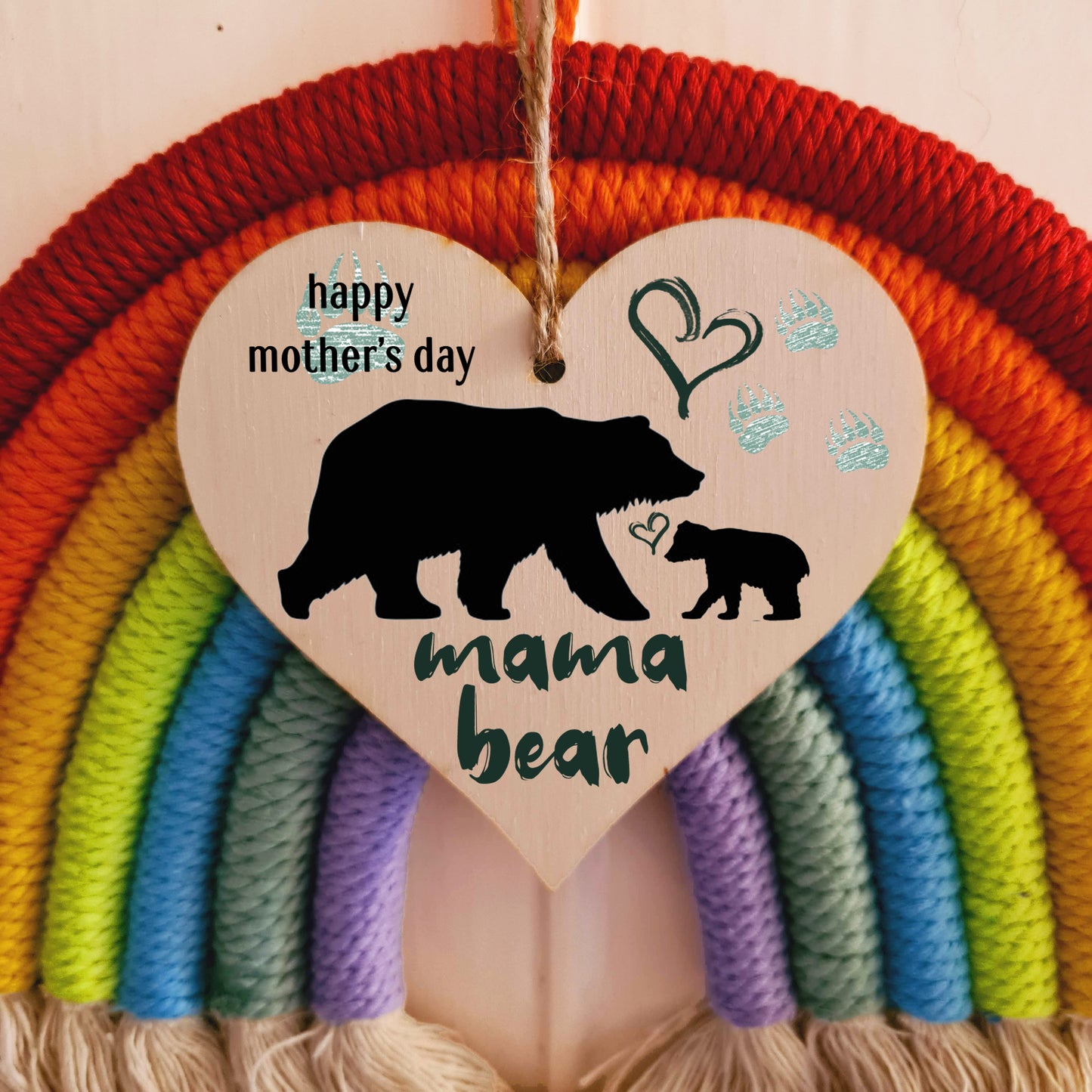 Handmade Wooden Hanging Heart Plaque Mother's Day Gift perfect for mama bears from their little bears fun keepsake cute fun mum and cubs paw prints card alternative from children