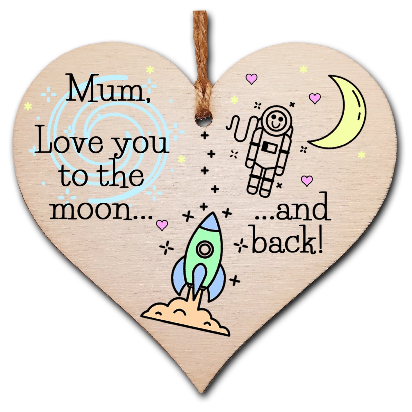 Handmade Wooden Hanging Heart Plaque Mother's Day Gift for Mum loving thoughtful special keepsake cute cartoon space card alternative from children