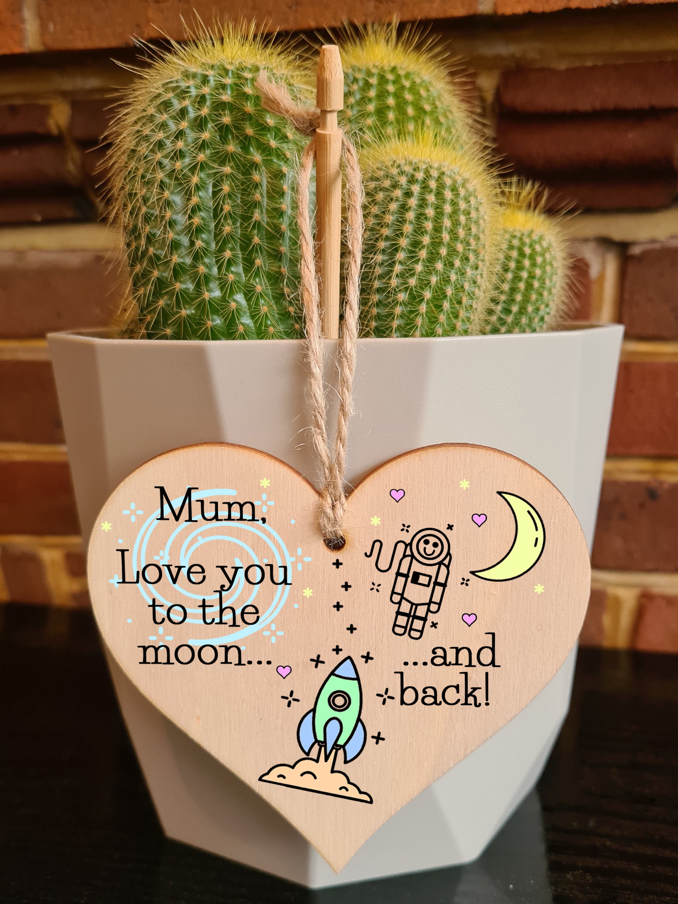 Handmade Wooden Hanging Heart Plaque Mother's Day Gift for Mum loving thoughtful special keepsake cute cartoon space card alternative from children
