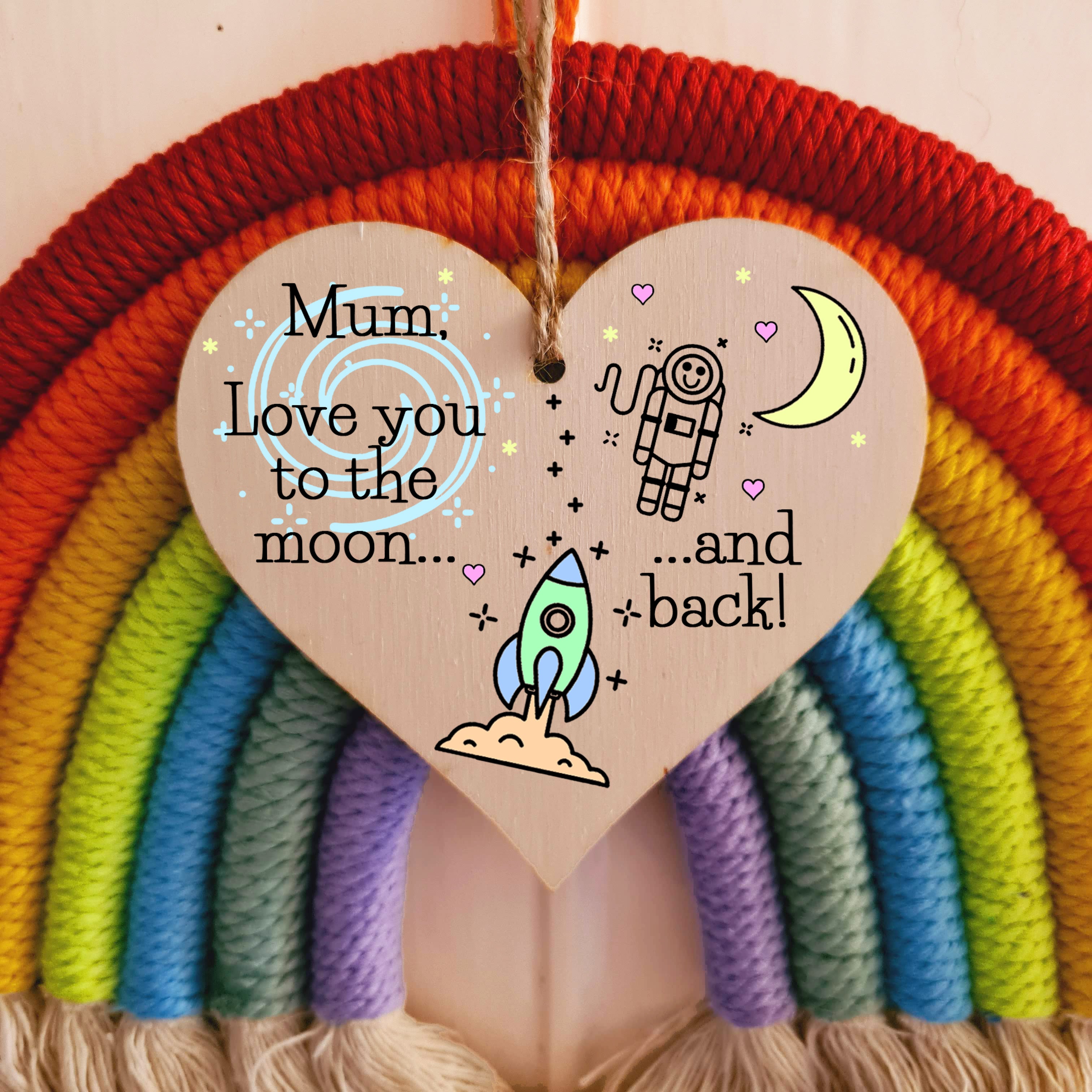 Handmade Wooden Hanging Heart Plaque Mother's Day Gift for Mum loving thoughtful special keepsake cute cartoon space card alternative from children