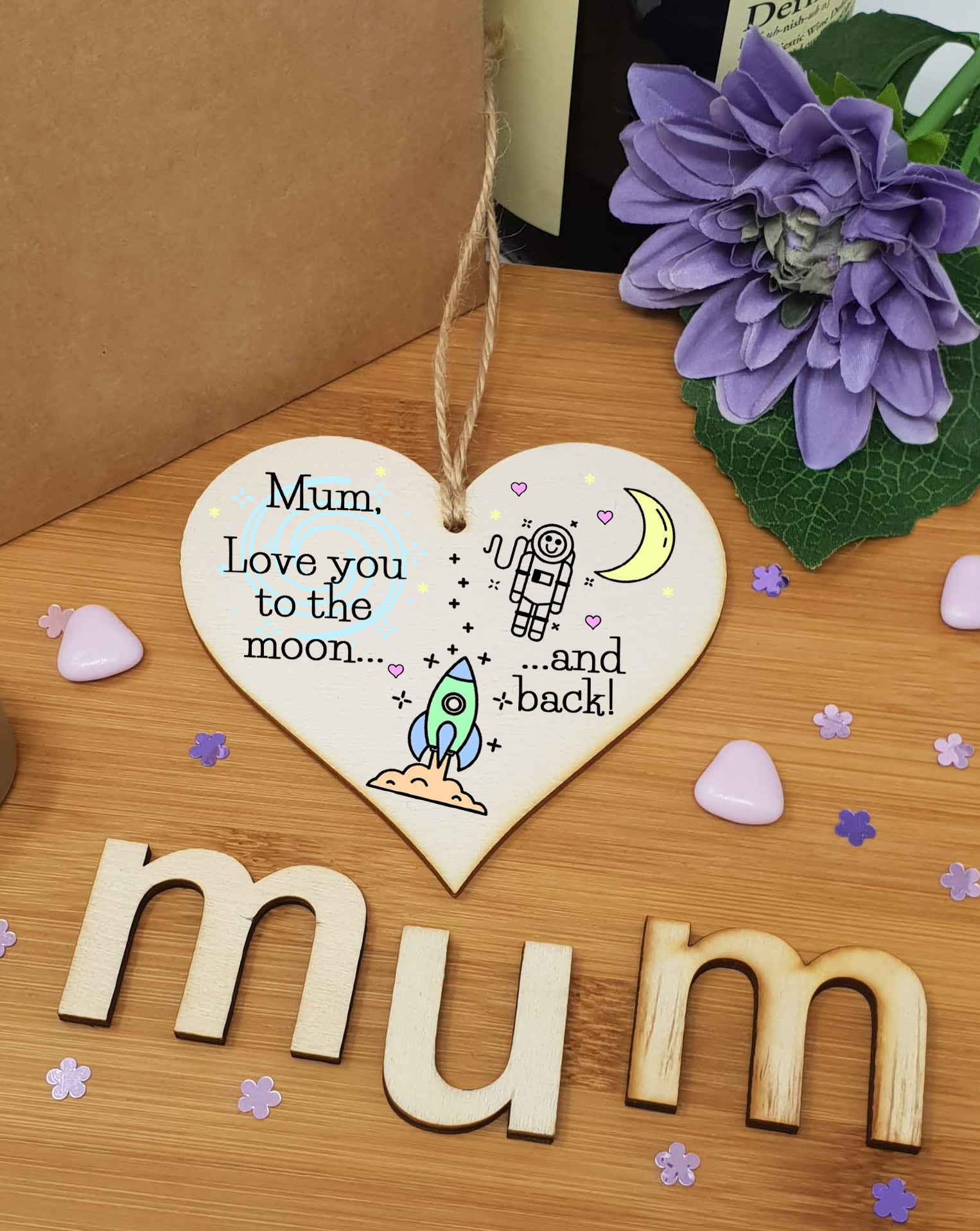 Handmade Wooden Hanging Heart Plaque Mother's Day Gift for Mum loving thoughtful special keepsake cute cartoon space card alternative from children