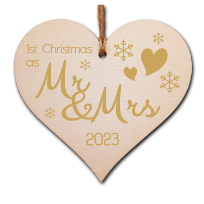 Handmade Christmas Hanging Wooden Heart Plaque Decoration Gift to celebrate 1st xmas together special Gold Mr and Mrs festive bauble