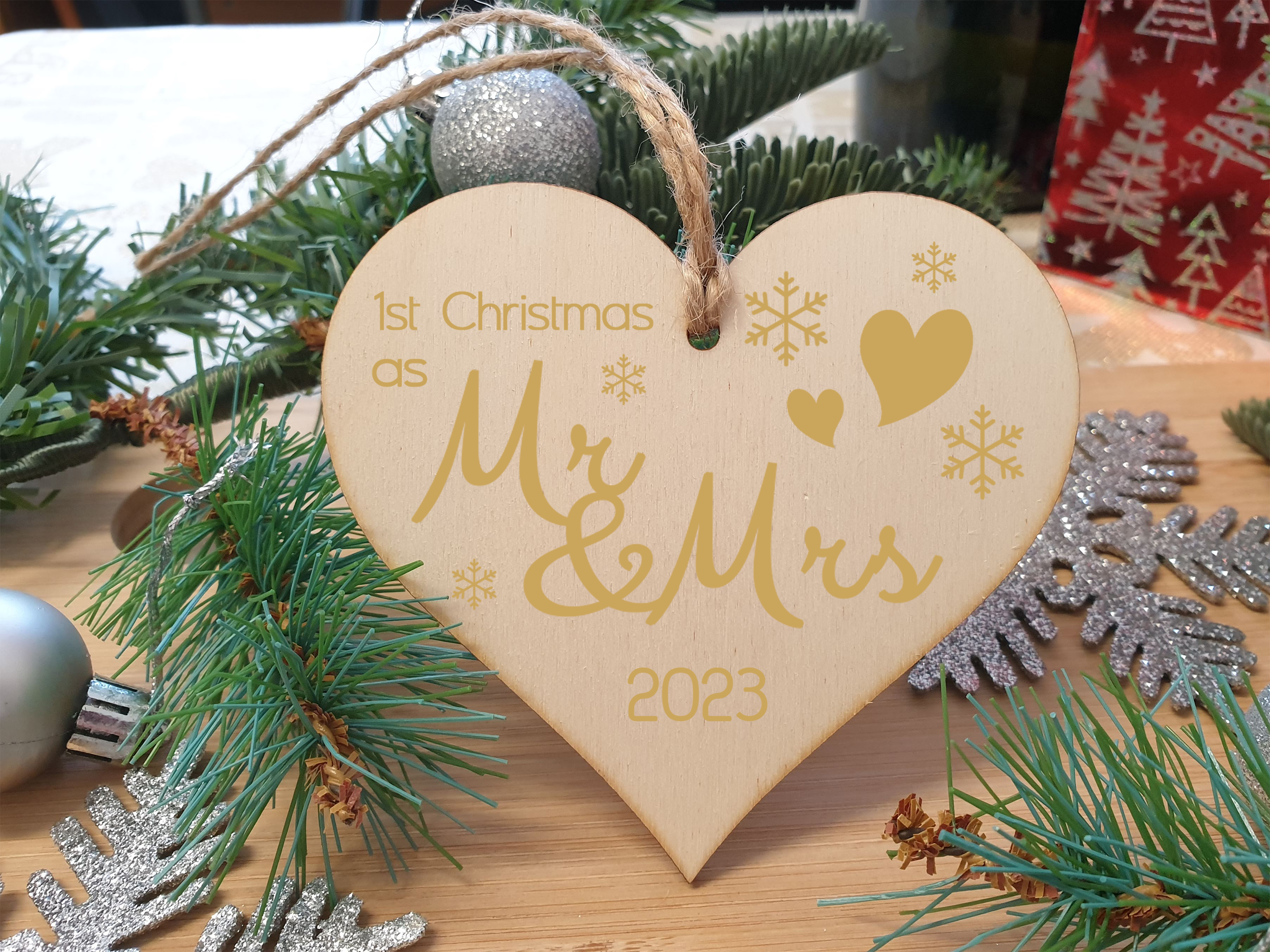 Handmade Christmas Hanging Wooden Heart Plaque Decoration Gift to celebrate 1st xmas together special Gold Mr and Mrs festive bauble