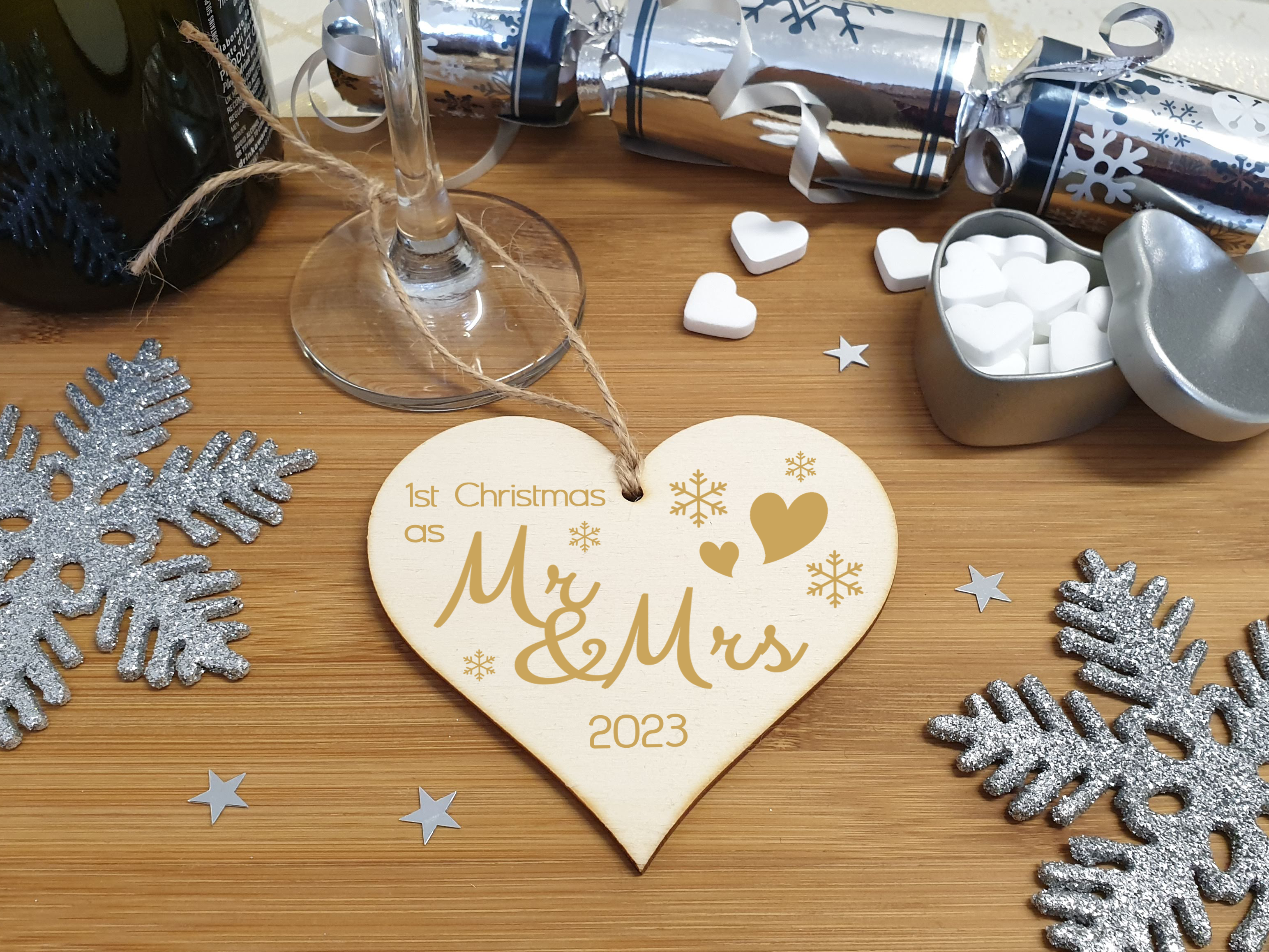 Handmade Christmas Hanging Wooden Heart Plaque Decoration Gift to celebrate 1st xmas together special Gold Mr and Mrs festive bauble