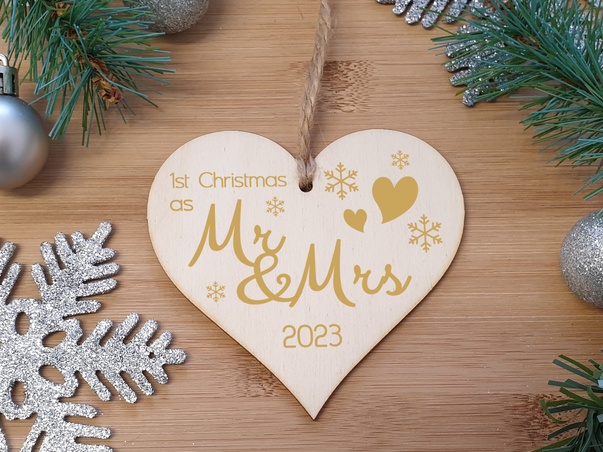 Handmade Christmas Hanging Wooden Heart Plaque Decoration Gift to celebrate 1st xmas together special Gold Mr and Mrs festive bauble