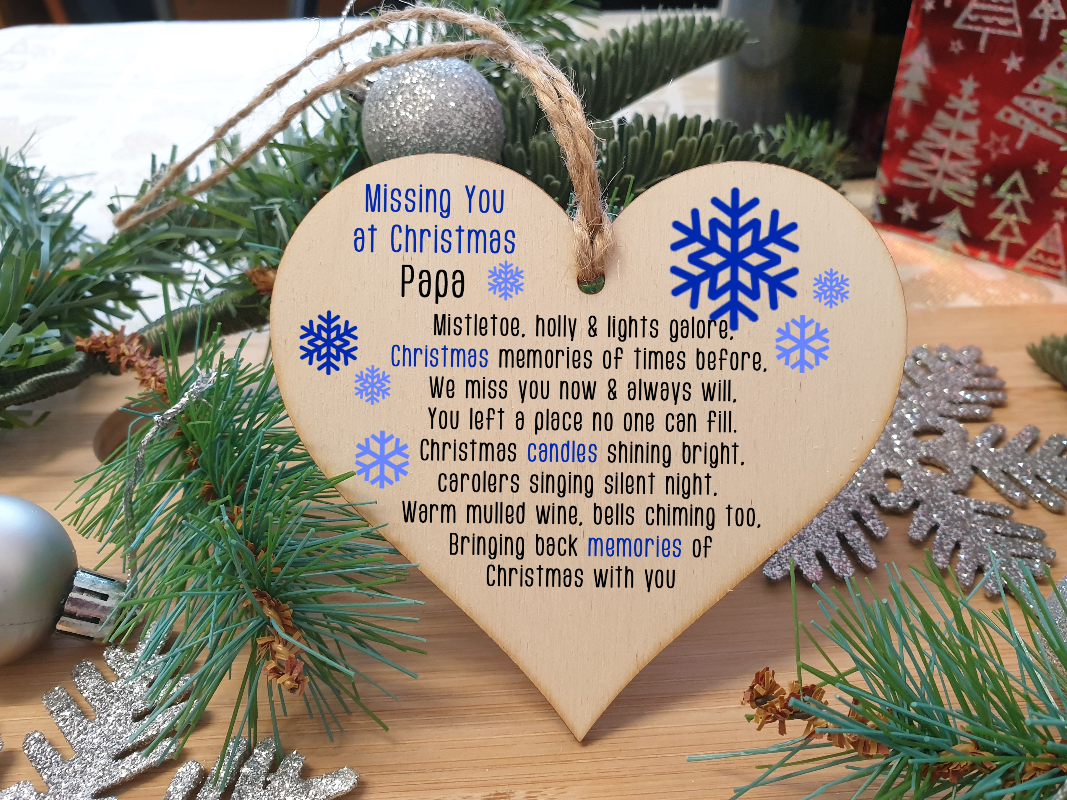 Handmade Wooden Christmas Hanging Heart Plaque Gift Missing you at Xmas sentimental rememberance present tree decoration snowflake lost loved ones