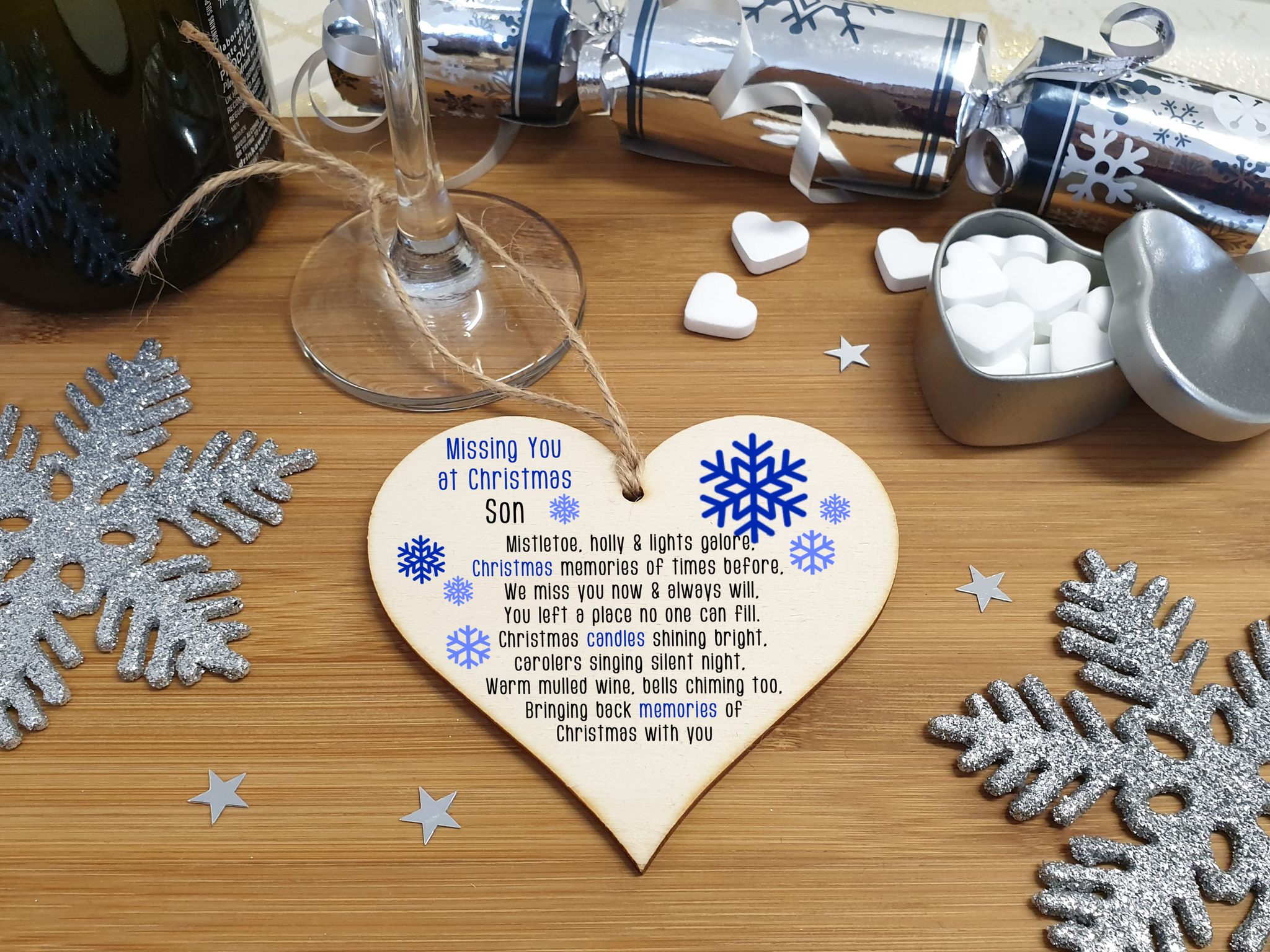 Handmade Wooden Christmas Hanging Heart Plaque Gift Missing you at Xmas sentimental rememberance present tree decoration snowflake lost loved ones