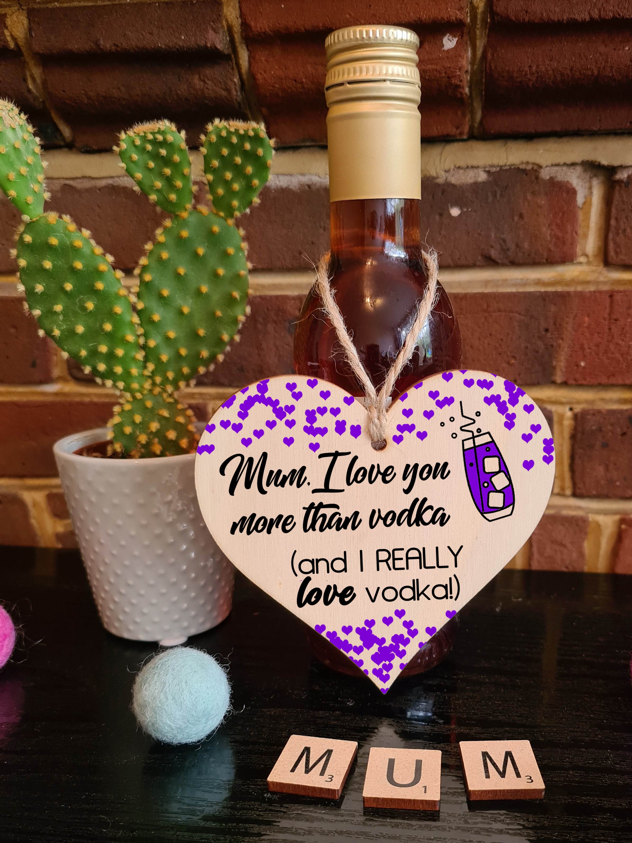 Handmade Wooden Hanging Heart Plaque Mother's Day Gift Mum I love you more than Vodka Really love Vodka novelty alcohol boozy funny keepsake wall hanger card alternative